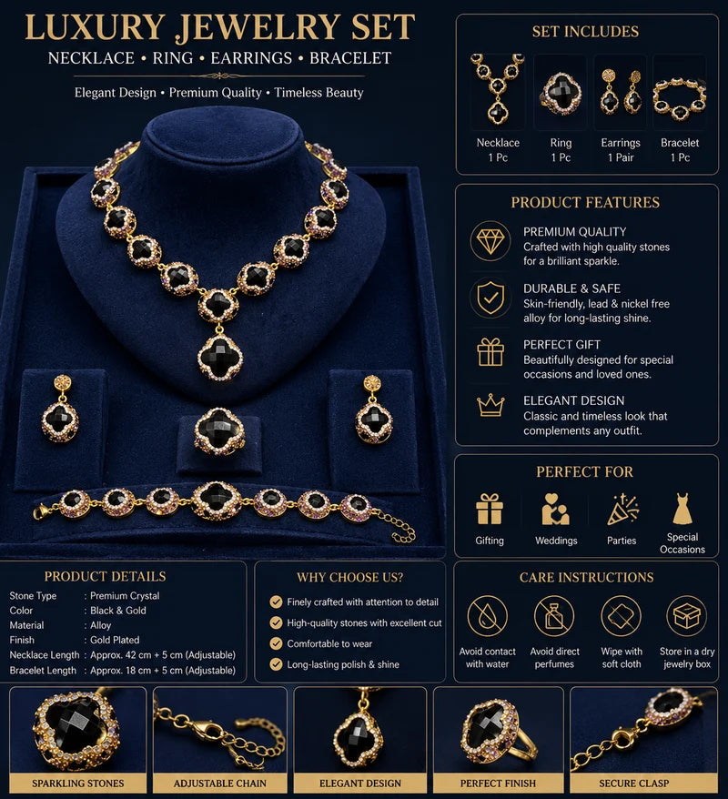 Luxury Vintage Jewelry Set | 4-Piece Gold-Toned Black Quatrefoil Necklace Earrings Ring Bracelet - طقم مجوهرات عتيق فاخر | قلادة وأقراط وخاتم وسوار بتصميم براند منقوش بأحجار سوداء
