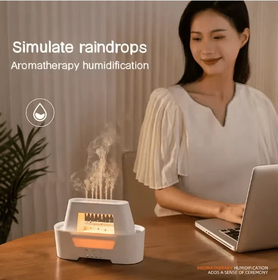 Raindrop Aroma Humidifier with Warm LED Flame and Remote Control - جهاز ترطيب الهواء وناشر العطور بتصميم قطرات المطر وإضاءة اللهب الدافئة