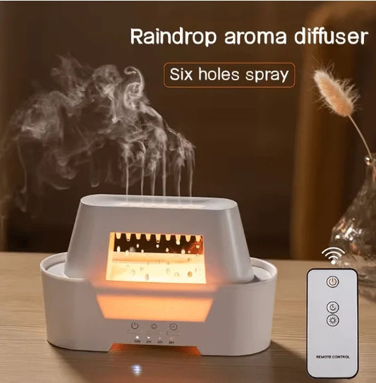 Raindrop Aroma Humidifier with Warm LED Flame and Remote Control - جهاز ترطيب الهواء وناشر العطور بتصميم قطرات المطر وإضاءة اللهب الدافئة