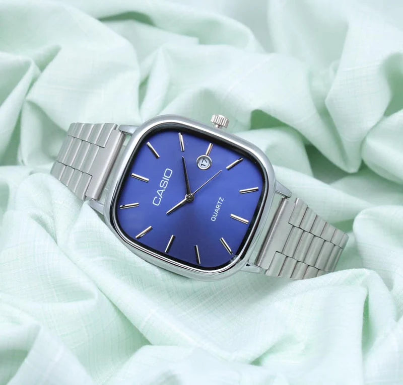 Casio Style Square Watch for Men: Slim Steel-Built Quartz Wristwatch  ساعة كاسيو الرجالية ذات الهيكل المربع والتصميم الفولاذي الأنيق