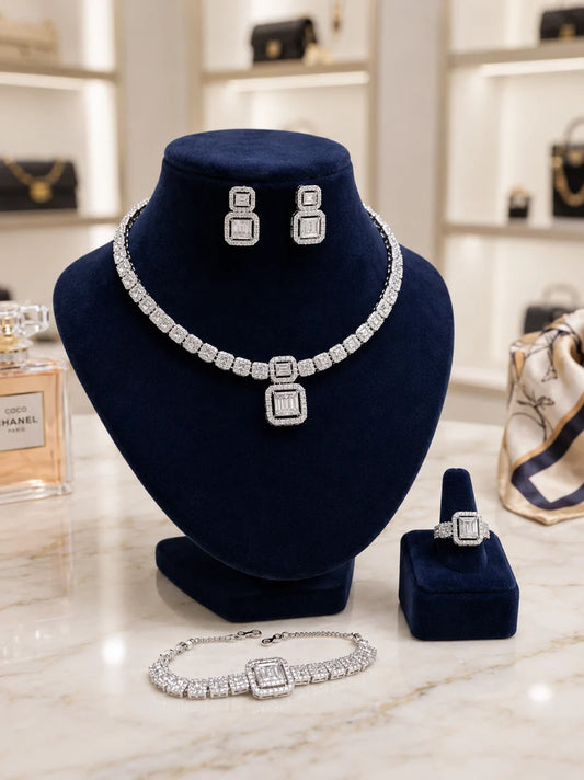 Luxury Bridal Jewelry Set | 4-Piece Silver-Toned Rectangular Diamond-Style Cluster Ensemble - طقم مجوهرات زفاف فاخر | قلادة وأقراط وخاتم وسوار بتصميم ألماس مستطيل