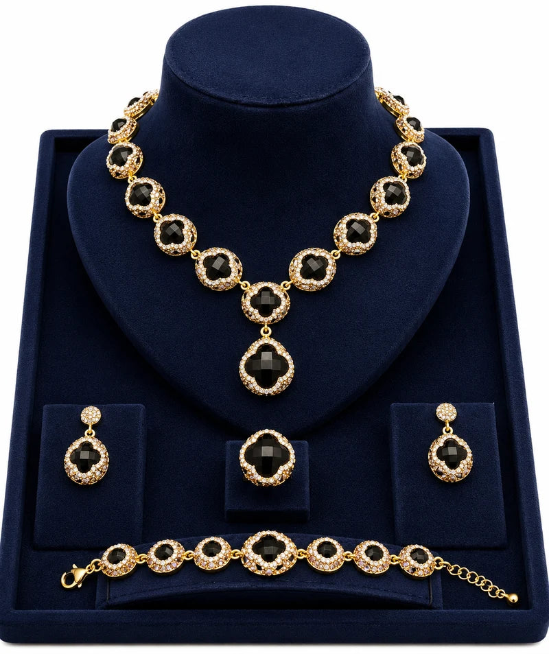 Luxury Vintage Jewelry Set | 4-Piece Gold-Toned Black Quatrefoil Necklace Earrings Ring Bracelet - طقم مجوهرات عتيق فاخر | قلادة وأقراط وخاتم وسوار بتصميم براند منقوش بأحجار سوداء