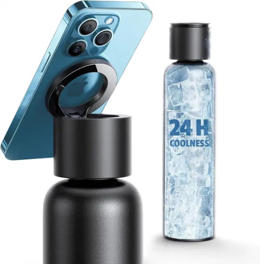 Vacuum Insulated Water Bottle with Phone Holder Lid | Stainless Steel Thermal Flask - مطارة مياه معزولة بتفريغ الهواء مع غطاء حامل للهاتف | قارورة حرارية من الستانلس ستيل Random Colours Available
