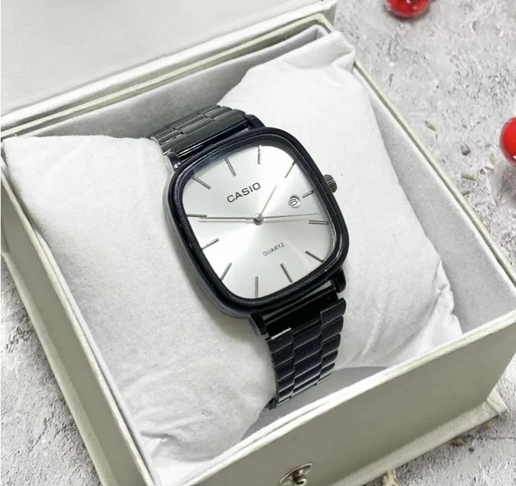 Casio Style Square Watch for Men: Slim Steel-Built Quartz Wristwatch  ساعة كاسيو الرجالية ذات الهيكل المربع والتصميم الفولاذي الأنيق