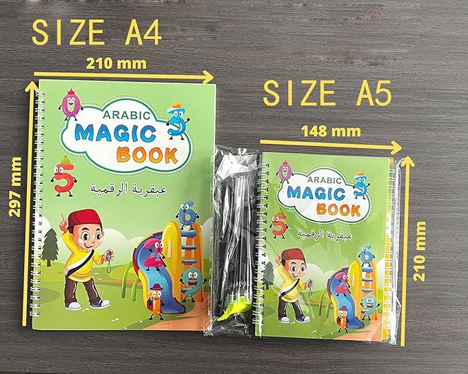 Arabic Magic Reusable Copybook Set: 4-in-1 Calligraphy & Math Practice Kit  مجموعة الكتب السحرية 4 في 1 لتعلم الكتابة والخط العربي القابلة لإعادة الاستخدام