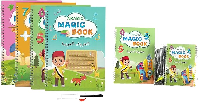 Arabic Magic Reusable Copybook Set: 4-in-1 Calligraphy & Math Practice Kit  مجموعة الكتب السحرية 4 في 1 لتعلم الكتابة والخط العربي القابلة لإعادة الاستخدام