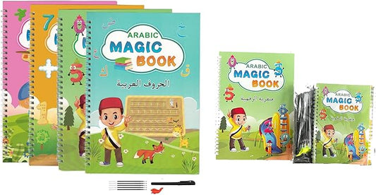 Arabic Magic Reusable Copybook Set: 4-in-1 Calligraphy & Math Practice Kit  مجموعة الكتب السحرية 4 في 1 لتعلم الكتابة والخط العربي القابلة لإعادة الاستخدام