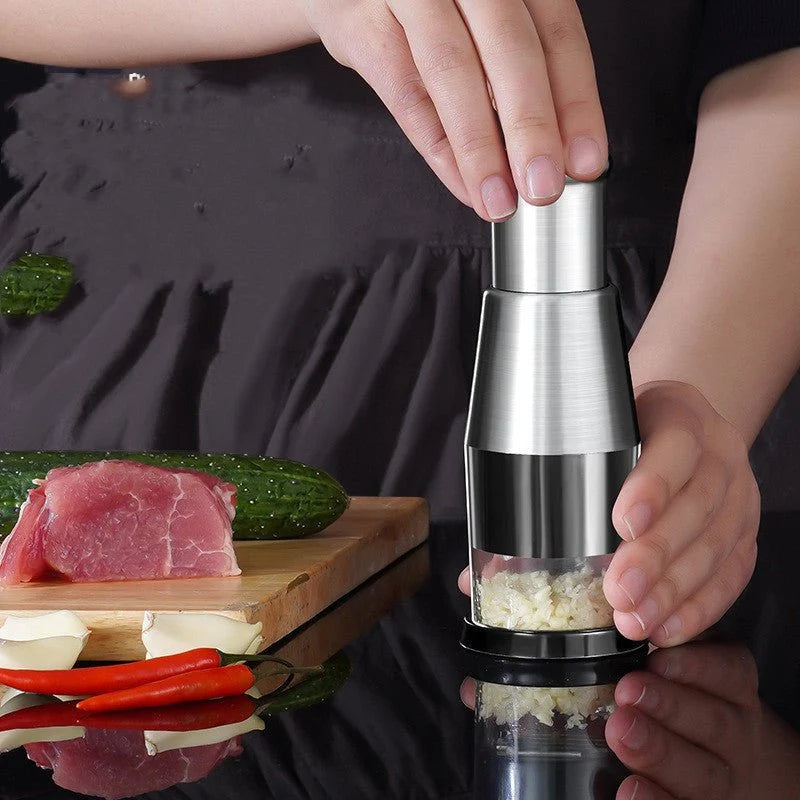 Stainless Steel Manual Garlic Crusher & Vegetable Chopper | Hand-Press Kitchen Squeezer - مفرمة ثوم وبصل يدوية من الفولاذ المقاوم للصدأ | قطاعة خضروات ومكبس ثوم للمطبخ