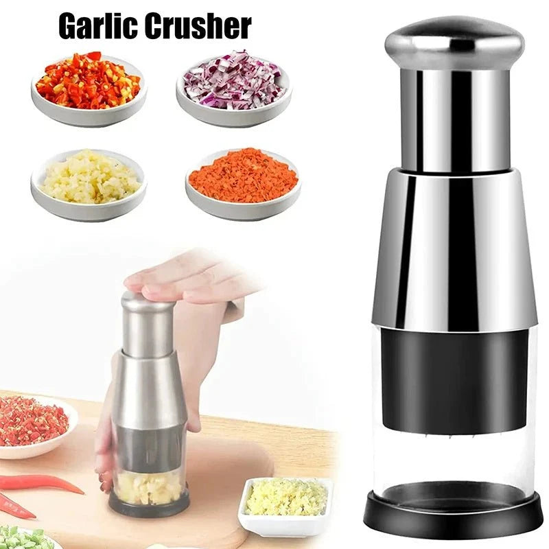 Stainless Steel Manual Garlic Crusher & Vegetable Chopper | Hand-Press Kitchen Squeezer - مفرمة ثوم وبصل يدوية من الفولاذ المقاوم للصدأ | قطاعة خضروات ومكبس ثوم للمطبخ