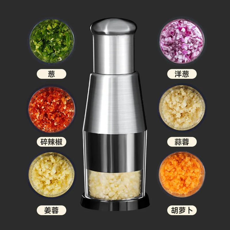 Stainless Steel Manual Garlic Crusher & Vegetable Chopper | Hand-Press Kitchen Squeezer - مفرمة ثوم وبصل يدوية من الفولاذ المقاوم للصدأ | قطاعة خضروات ومكبس ثوم للمطبخ