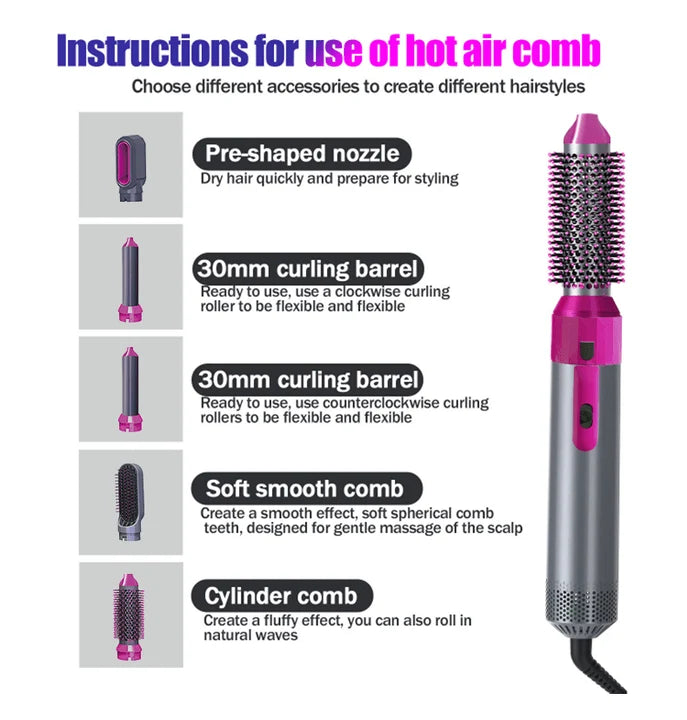 5-in-1 Hot Air Brush & Ceramic Styler: Volumizer, Curler & Dryer  فرشاة تصفيف الشعر 5 في 1 بالهواء الساخن والسيراميك لتجفيف وتنعيم وتجفيف الشعر