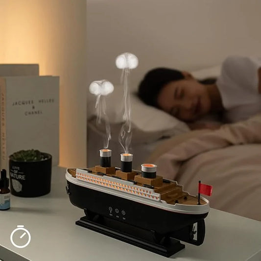 Jellyfish Ship-Shaped Aroma Diffuser & Ultrasonic Humidifier with Remote - جهاز ترطيب الهواء وناشر العطور بتصميم سفينة قنديل البحر مع جهاز تحكم