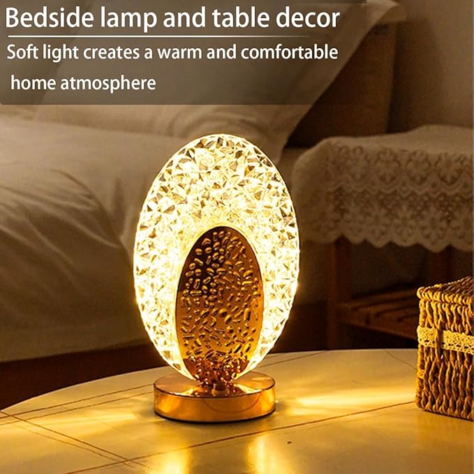 Oval Crystal LED Table Lamp | Dimmable Touch Bedside Night Light - مصباح طاولة كريستالي ليد بيضاوي الشكل | إضاءة ليلية قابلة للتعتيم لغرفة النوم