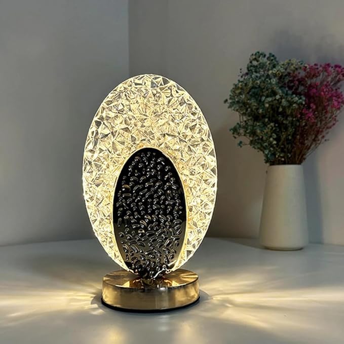 Oval Crystal LED Table Lamp | Dimmable Touch Bedside Night Light - مصباح طاولة كريستالي ليد بيضاوي الشكل | إضاءة ليلية قابلة للتعتيم لغرفة النوم