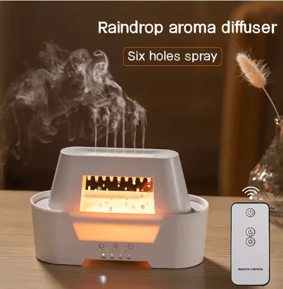 Raindrop Aroma Humidifier with Warm LED Flame and Remote Control - جهاز ترطيب الهواء وناشر العطور بتصميم قطرات المطر وإضاءة اللهب الدافئة