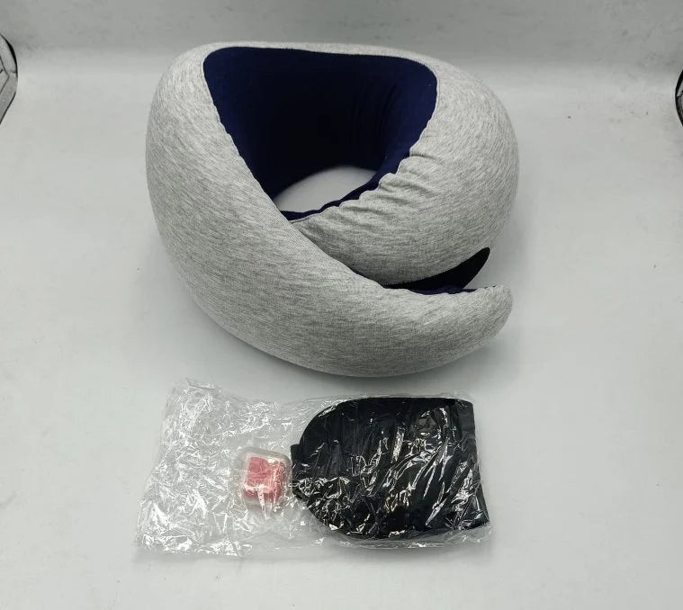 U-Shaped Sleeping Travel Pillow Set: Ergonomic Memory Foam Neck Support  وسادة السفر والنوم المريحة على شكل U مع قناع العين وسدادات الأذن