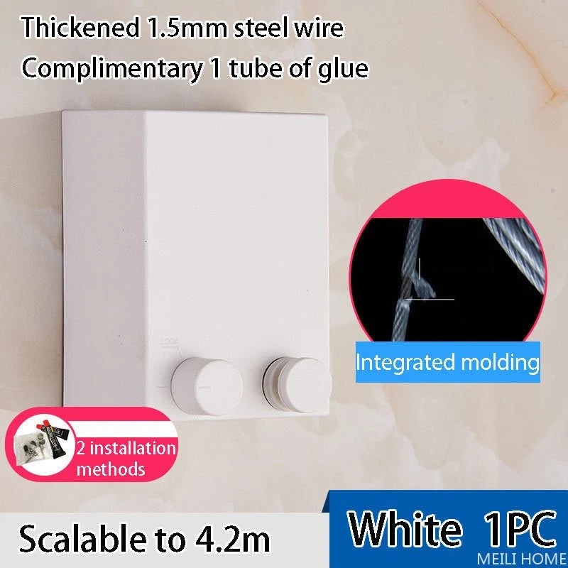 Telescopic Clothesline Clothes Drying Rope | 4.2M Retractable Steel Wire Laundry Line - حبل غسيل ملابس قابل للسحب | حبل تجفيف فولاذي بطول 4.2 متر